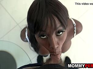 busty ebony milf gives sloppy blowjob to young stud