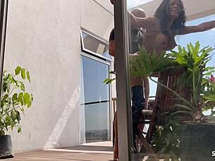 tanned latina model's long puffy nipples throb in risky balcony creampie