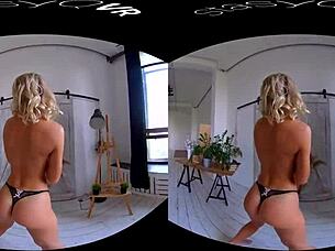 Busty blonde teen teases her big tits in exclusive VR reality video.