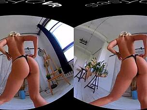 Busty blonde teen teases her big tits in exclusive VR reality video.