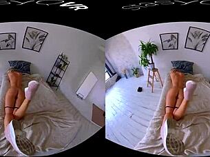 Busty blonde teen teases her big tits in exclusive VR reality video.
