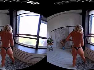 Busty blonde teen teases her big tits in exclusive VR reality video.