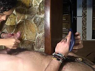 Passionate Standing Handjob Finishes On Belly