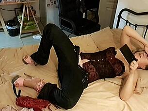 white slut rims sucks fucks in satin lingerie thong heels