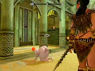 A big-booty redhead wanders nude through Skyrim landscapes