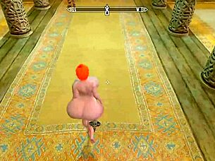 A big-booty redhead wanders nude through Skyrim landscapes