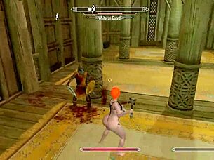 A big-booty redhead wanders nude through Skyrim landscapes