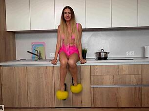 tall milf with buttplug begs for kitchen creampie facefuck on fake tits