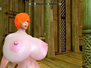 A big-booty redhead wanders nude through Skyrim landscapes