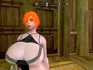 A big-booty redhead wanders nude through Skyrim landscapes