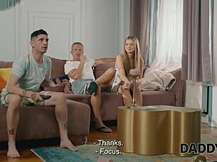 czech blonde slut cheats with older daddy on sofa beautifully