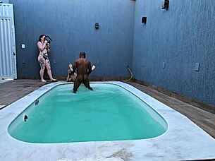 pool invite turned into outdoor bbc creampie blowjob fuck