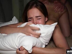 Redhead teen 18+ roughly dominated riding two monster cocks