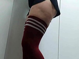 Slutty girl next door tries topless thigh highs no panties?