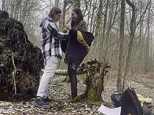 Cute busty teen fucked rough cowgirl in forest public with facial cumshot!