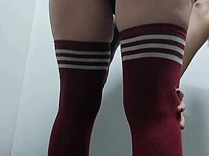 Slutty girl next door tries topless thigh highs no panties?