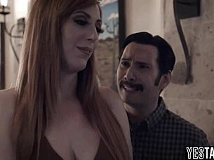 Big tits babysitter joins curvy redhead and partner in threesome fun