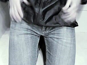 jeans pee accident in homemade toilet video