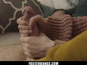 our foster girl joins big tits milf in taboo threesome sex tape blowjob