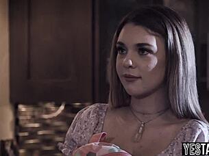 Big tits babysitter joins curvy redhead and partner in threesome fun