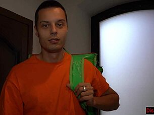 botanist courier joins porn shoot for rough cum-covered foursome fuck