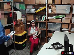 Naughty teen shoplifter stripped, ripped clothes, dominated in backroom anal