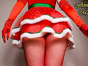 Juicy big ass in fishnets dildo spreads for Christmas worship