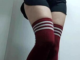 Slutty girl next door tries topless thigh highs no panties?