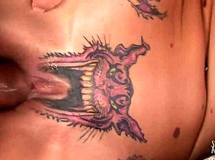 hey check this skinny blonde's tattooed pussy creampie ride on red sofa