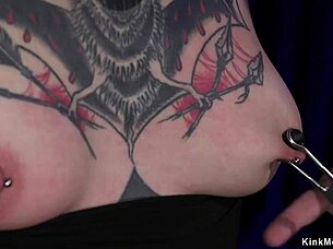 Bound alt lesbian slave chokes on deepthroat during brutal anal domination