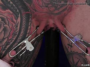 Bound alt lesbian slave chokes on deepthroat during brutal anal domination