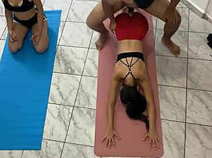 Young yoga babes bent over for massive cock doggystyle pounding