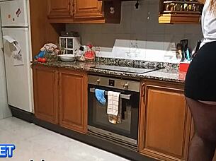 Latina's huge plump ass bent over kitchen skirt surprise