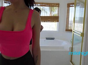 shy latina lesbians lick to mutual orgasm after workout