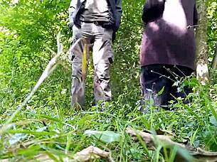 Fat Hairy Milf Exposes Pissing Cunt Publicly to Lover