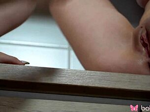 Long-haired Lambie Bloom and Ammy masturbate kitchen closeup