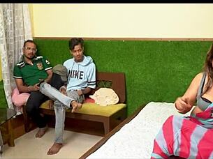 Chubby Indian milf takes gangbang cumshots from group studs