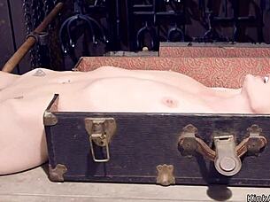 Blonde slave bound in stocks takes rough dildo pounding