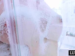 Oiled skinny slut rides monster cock to soapy creampie