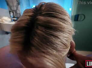 Big Boobs Fitness Model Oiled Up for Cum Covered Blowjob