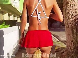 Hairy babe thrills with fluffy buttplug exposed in public