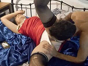 Clothed French Slut in Satin Panties Licked and Doggystyled