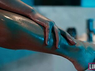 Big Boobs Fitness Model Oiled Up for Cum Covered Blowjob