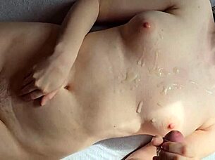 cum on my tits during hot mutual orgasm handjob!