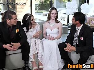 Lesbian brides devour each other before foursome pounding