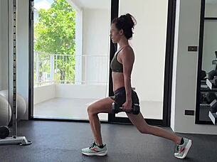 muscular brunette strips naked after sweaty gym workout