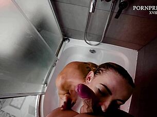 hot blonde shower blowjob and doggystyle fuck