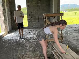 Sharing Busty Big Tits Girlfriend In Abandoned House MMF