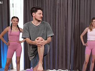 fitness trainer pounds two horny clients in steamy threesome workout?