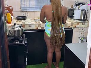 chubby ebony bent kitchen doggy before hot meal